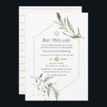 Invitación Goma y Purpurina de oro Gemométrico Bat Mitzvah<br><div class="desc">Invitación mitzvah murciélago de color de agua con vegetación floral en tonos pastel con personalizable de marco geométrico dorado a los detalles de tu evento.</div>