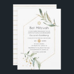 Invitación Goma y Purpurina de oro Gemométrico Bat Mitzvah<br><div class="desc">Invitación mitzvah murciélago de color de agua con vegetación floral en tonos pastel con personalizable de marco geométrico dorado a los detalles de tu evento.</div>