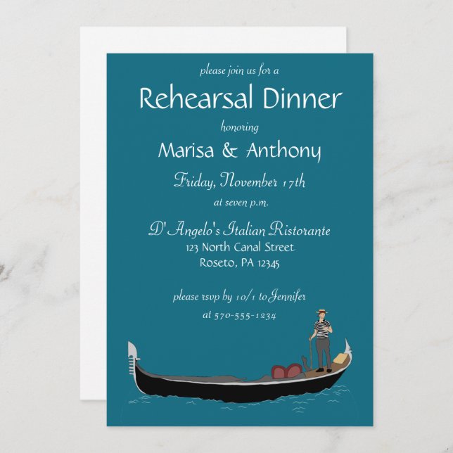 Invitación Gondola de Venecia con la cena de ensayo Gondolier (Anverso / Reverso)