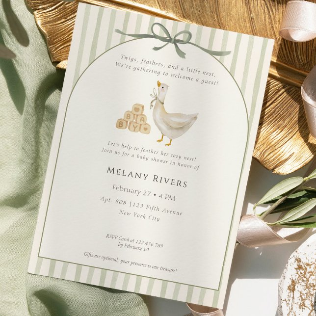 Invitación Goose Neutral Sage Green Bow Baby Shower (Subido por el creador)