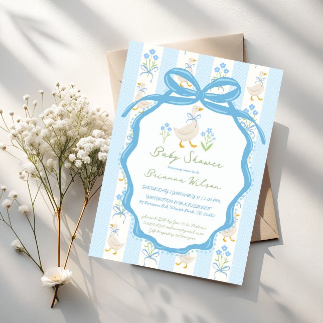 Invitación Goose nursery rhymes baby shower (Silly Goose nursery rhymes pastel blue ribbon preppy baby shower invitation cards template)