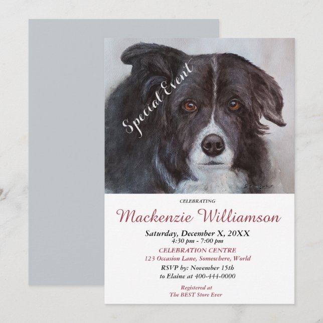 INVITACIÓN GORGEOUS BLACK BORDER COLLIE DESEA FELIZ CUMPLEAÑO (Anverso / Reverso)