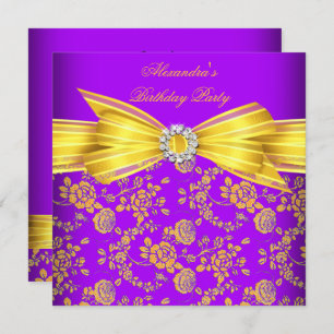 Invitación Gorgeous Purple Yellow Rose Damask Birthday Party