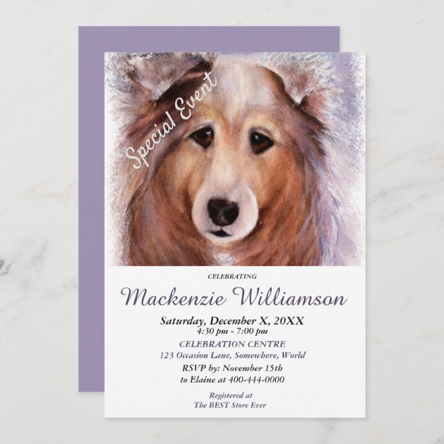 INVITACIÓN GORGEOUS SHELTI PUPPY QUIERE FELIZ CUMPLEAÑOS (Anverso / Reverso)
