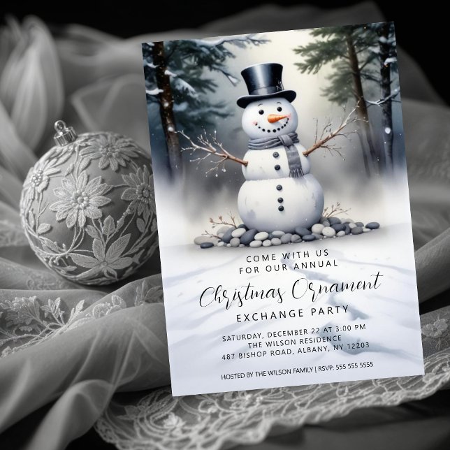 Invitación Gorgeous Snowman Frosted Forest Ornament Exchange (Cute Gorgeous Snowman Frosted Landscape Forest Christmas Holidays Ornament Exchange Party Invitation)
