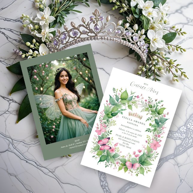 Invitación Gorgeous Spring Tiara Green & Pink Floral Spanish  (Gorgeous Spring Tiara Green & Pink Floral Spanish Quinceañera Photo Invitations Cards. )