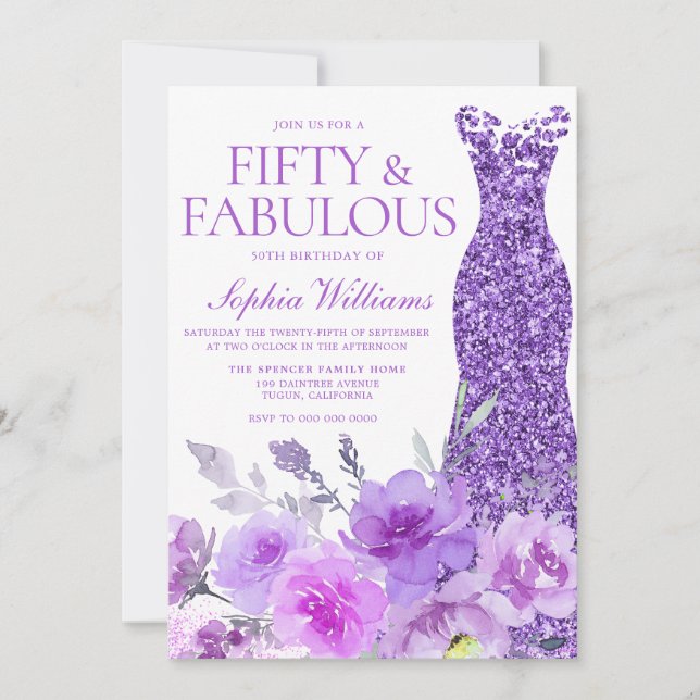 Invitación Gorgoous Purple Lavender Floral 50 cumpleaños (Anverso)