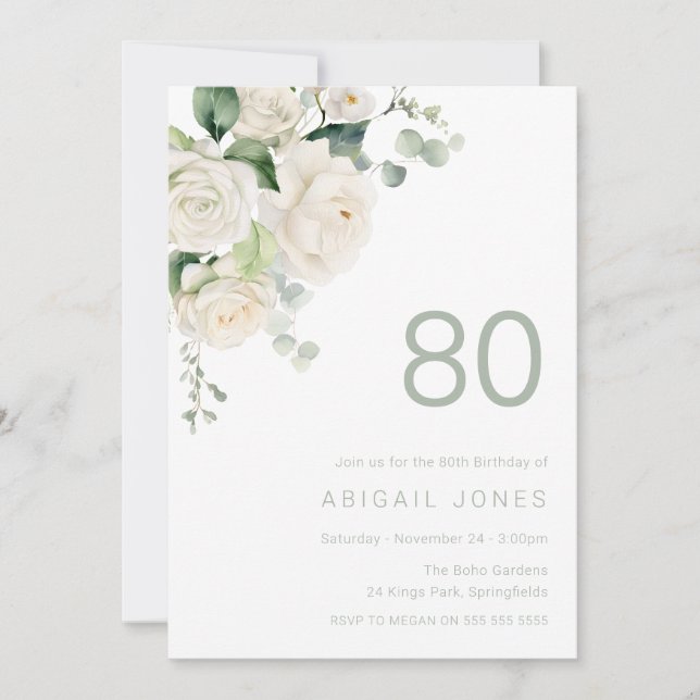 Invitación Gorgoous White Roses 80th Birthday Party (Anverso)
