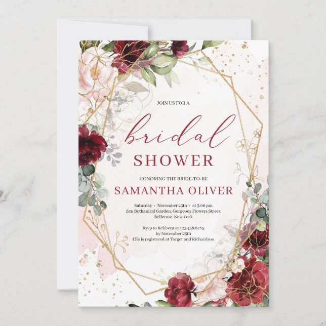 Invitación Gorgoso burgundy dorado floral Bridal Shower (Anverso)
