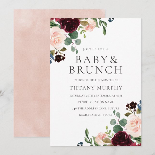 Invitación Gorgoso Rubor Burgundy Flores Baby Shower Brunch (Anverso / Reverso)