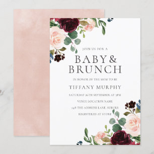 Invitación Gorgoso Rubor Burgundy Flores Baby Shower Brunch