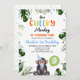 Invitación Gorra azul lindo Nuestro mono chévere primer cumpl