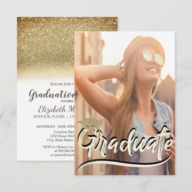 Invitación Gorra con brillo dorado elegante, fiesta de gradua (Anverso / Reverso)