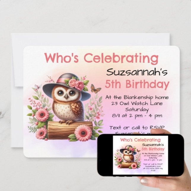 Invitación Gorra con lúpulo de lechuza sentado en un registro (print and instant download birthday template invitation)