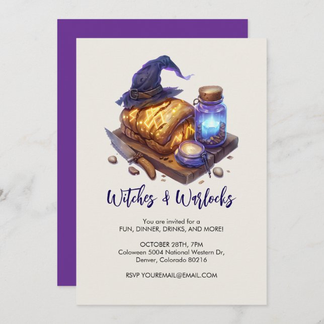 Invitación Gorra de bruja con pan resplandeciente, Halloween (Anverso / Reverso)