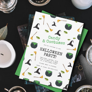 Invitación Gorra de Brujas Broom Caldron Green Halloween Part