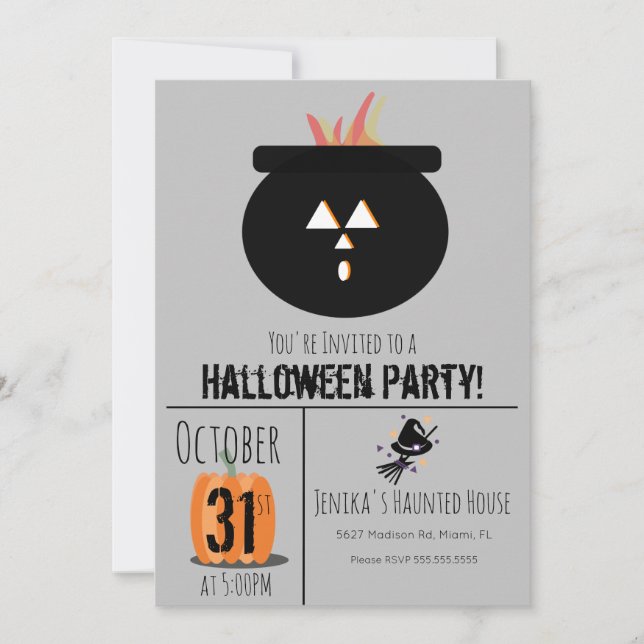 Invitación Gorra de brujas Broom Halloween Caulderon Fiesta I (Anverso)