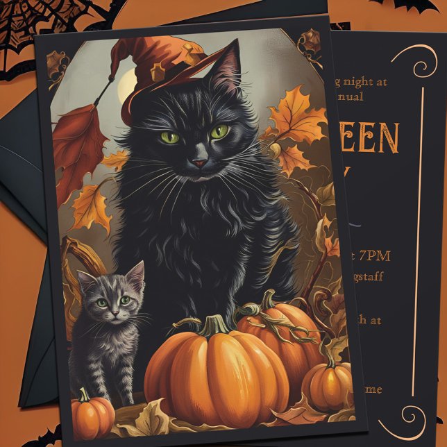 Invitación Gorra de Brujas de Otoño de la fiesta de Halloween (Charming Halloween party invitation with detailed black longhair cat painting in vintage style)