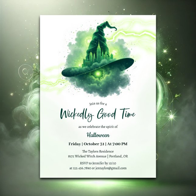 Invitación Gorra de Brujas Verde Fantasía Magia Halloween (Wickedly Good Time Halloween Party Invitation – Glowing Green Witch Hat)
