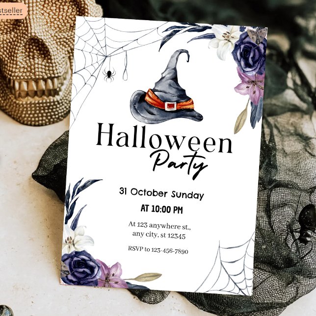 Invitación Gorra de brujas y fiesta de Halloween de Spiderweb (Witch Hat & Spiderweb Watercolor Halloween Party Invitation
)