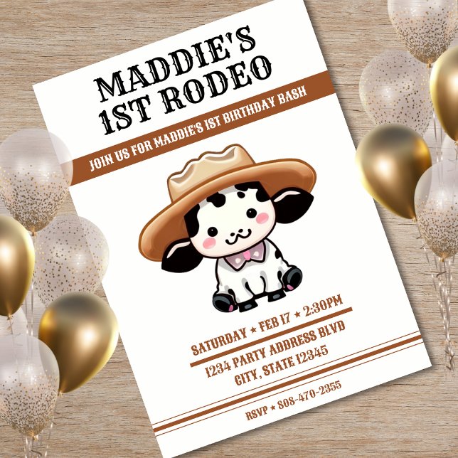 Invitación Gorra de Cow Cowboy primer Fiesta de cumpleaños (Cute Cow Cowboy Hat 1st Birthday Party Invitation)