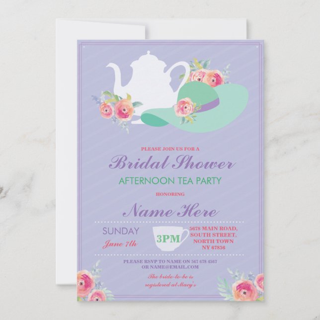 Invitación Gorra de ducha nupcial Bachelorette Tea Fiesta Inv (Anverso)