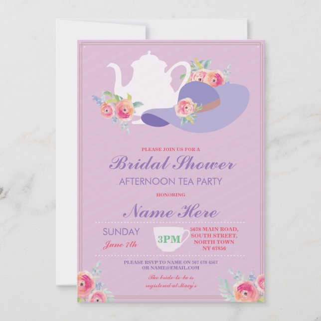 Invitación Gorra de ducha nupcial Bachelorette Tea Fiesta Inv (Anverso)