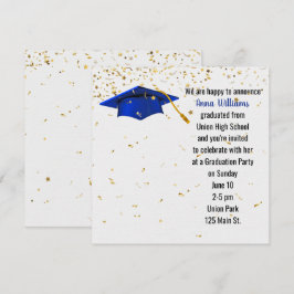 Invitación Gorra de graduación azul con confeti dorado