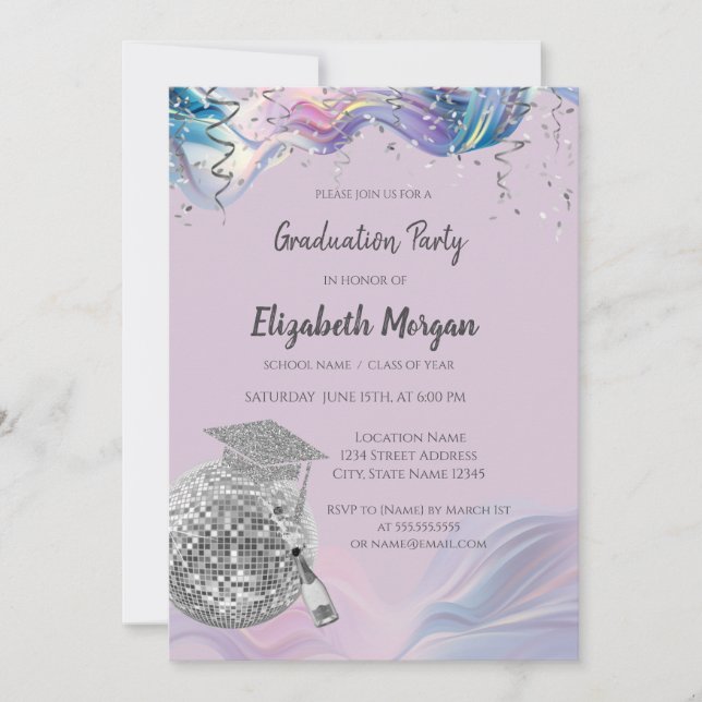 Invitación Gorra de graduación chic, bola de discoteca, abstr (Anverso)