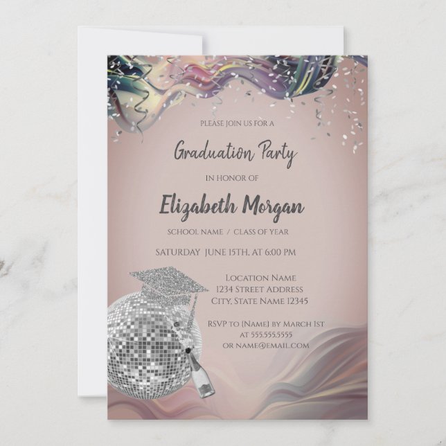 Invitación Gorra de Graduación con Estilo, Bola de Disco, Vio (Anverso)
