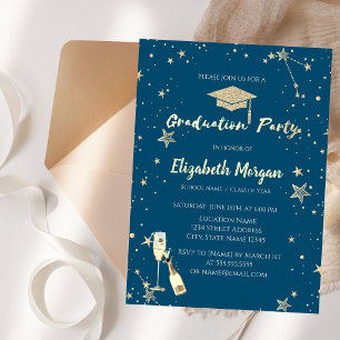 Invitación Gorra de graduación con estrellas brillantes dorad