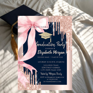 Invitación Gorra de graduación con lazo rosa brillo, gotas de