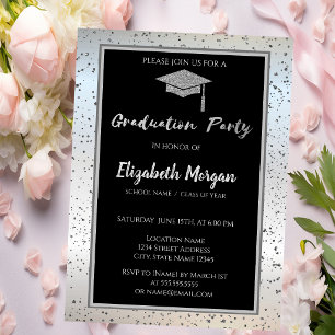 Invitación Gorra de graduación con purpurina plateada elegant