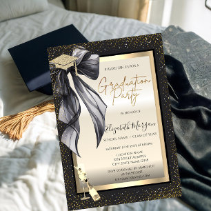 Invitación Gorra de graduación, copa de vino de lazo negro, c