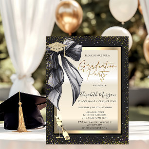 Invitación Gorra de graduación, copa de vino de lazo negro, f