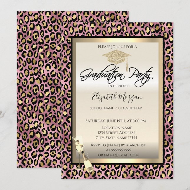 Invitación Gorra de graduación,Copa de vino Estampado de leop (Anverso / Reverso)