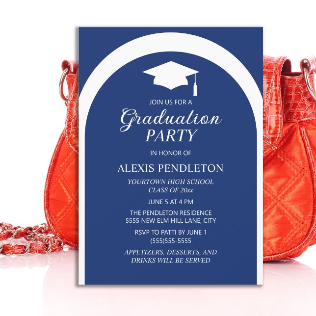 Invitación Gorra de graduación de instituto de arco blanco az (Navy blue graduation party invitation)