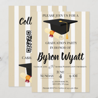 Invitación Gorra de Graduación de Rayas Gruesas y Diploma