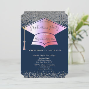 Invitación Gorra de graduación, diamantes plateados azul mari