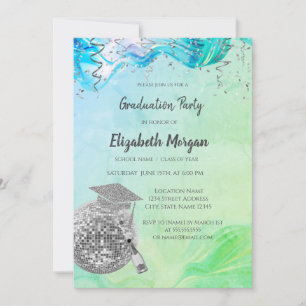 Invitación Gorra de graduación elegante, bola de discoteca, a