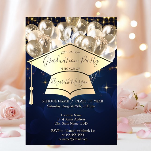 Invitación Gorra de graduación, globos de estrellas, graduaci (Subido por el creador)