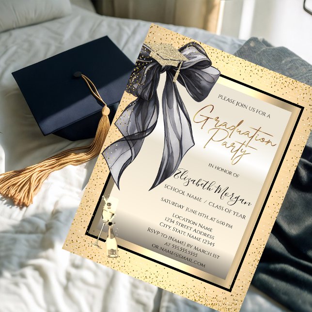 Invitación Gorra de graduación, lazo negro de vidrio, confeti (Subido por el creador)