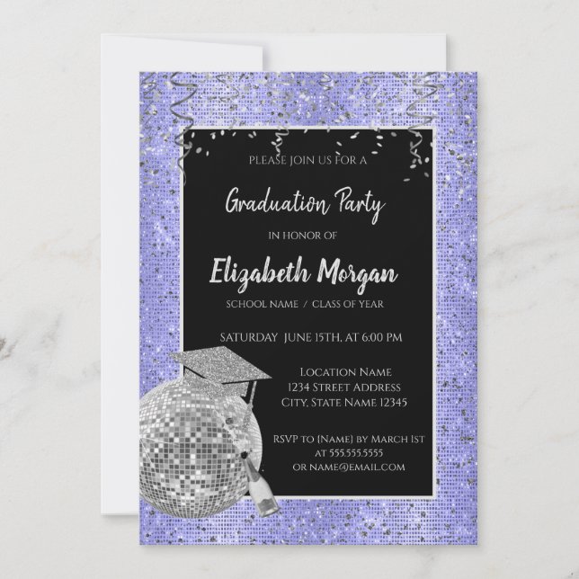Invitación Gorra de graduación plateada, bola de discoteca, l (Anverso)