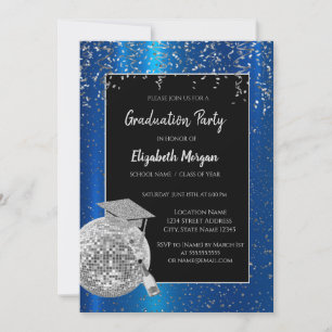 Invitación Gorra de graduación plateada, confeti de bola de d