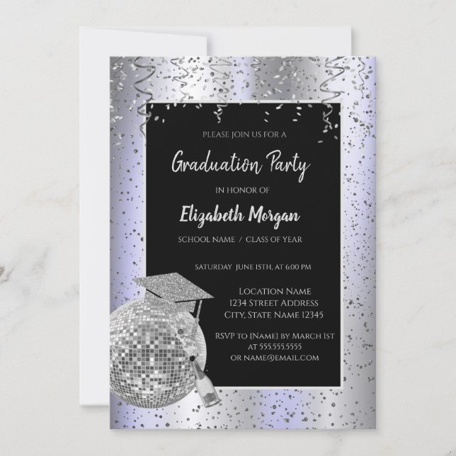 Invitación Gorra de graduación plateada, confeti de bola de d (Anverso)