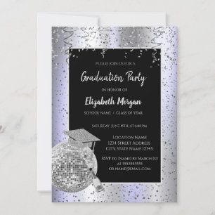 Invitación Gorra de graduación plateada, confeti de bola de d