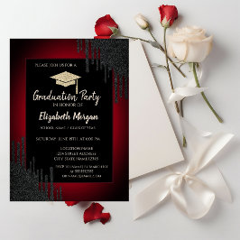 Invitación Gorra de graduación purpurina, goteo negro rojo os