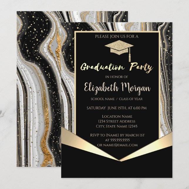 Invitación Gorra de graduación purpurina, mármol negro confet (Anverso / Reverso)