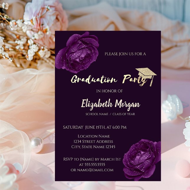 Invitación Gorra de graduación Purpurina moderna, Rosas púrpu (Subido por el creador)