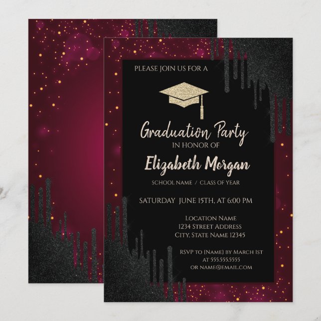 Invitación Gorra de graduación purpurina,Perforaciones negras (Anverso / Reverso)